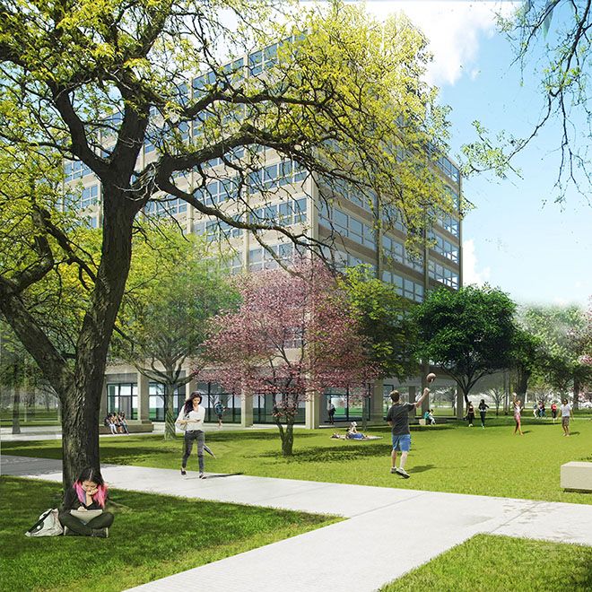 A photo rendering of the outside of Kacek Hall