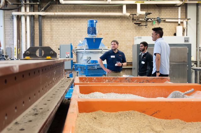 Associate at Thornton Tomasetti Kevin Mueller, Senior Engineer at Thornton Tomasetti Daksh Patel (CE ’19), and Kurt Ordillas (CE/M.Eng. TE ’20, Ph.D. CE Candidate) in the Concrete Materials and Structures Lab