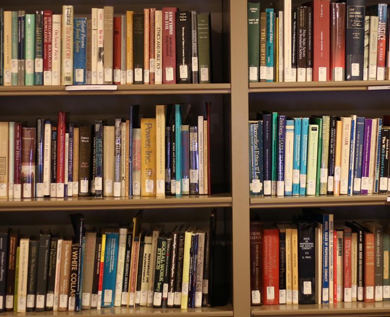 A photo of books inside the ethics library
